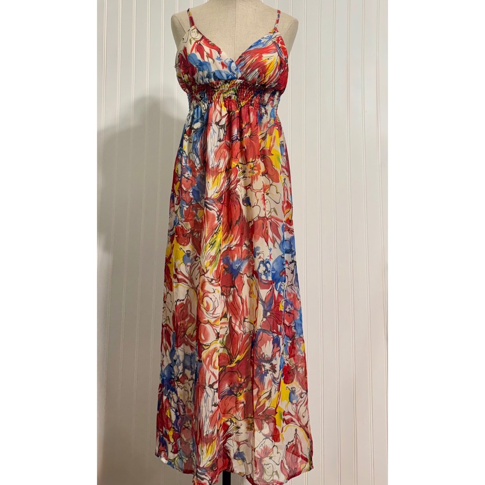 She's Cool Y2K Watercolor Floral‎ Smocked Maxi Dress Womens S Sheer Fairy Boho